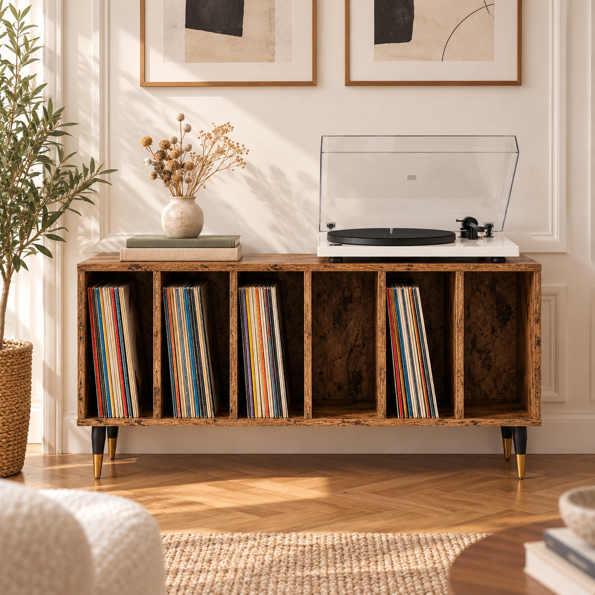 Meuble platine vinyle 100 cm, 6 compartiments | Norvik