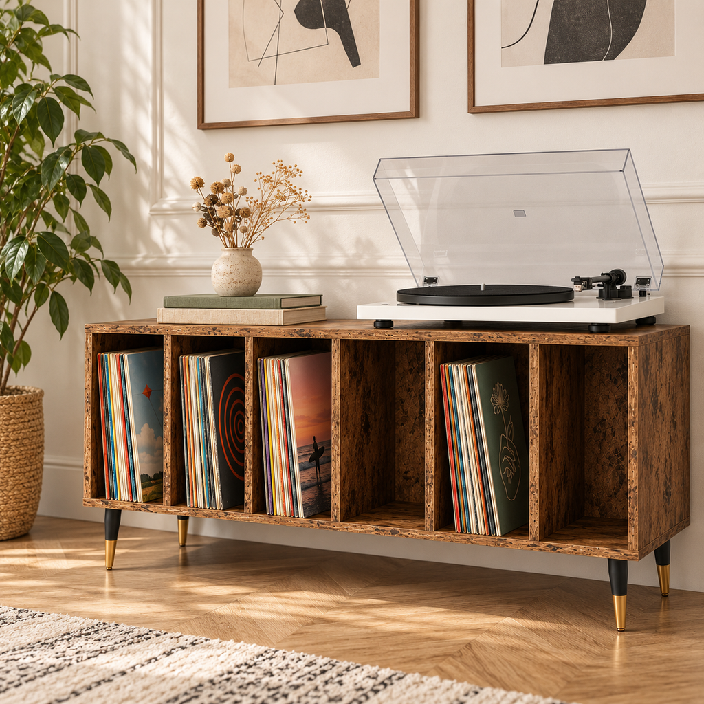 Meuble platine vinyle 100 cm, 6 compartiments | Norvik