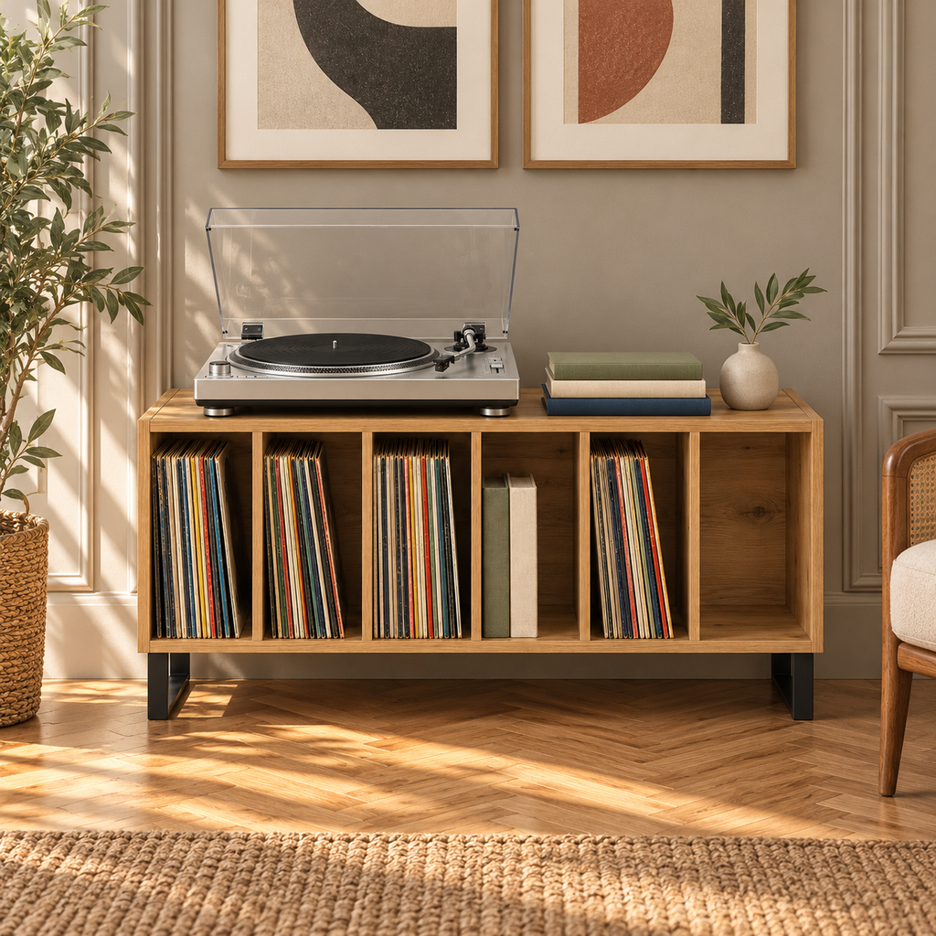 Meuble platine vinyle 100 cm, 6 compartiments | Ostrel