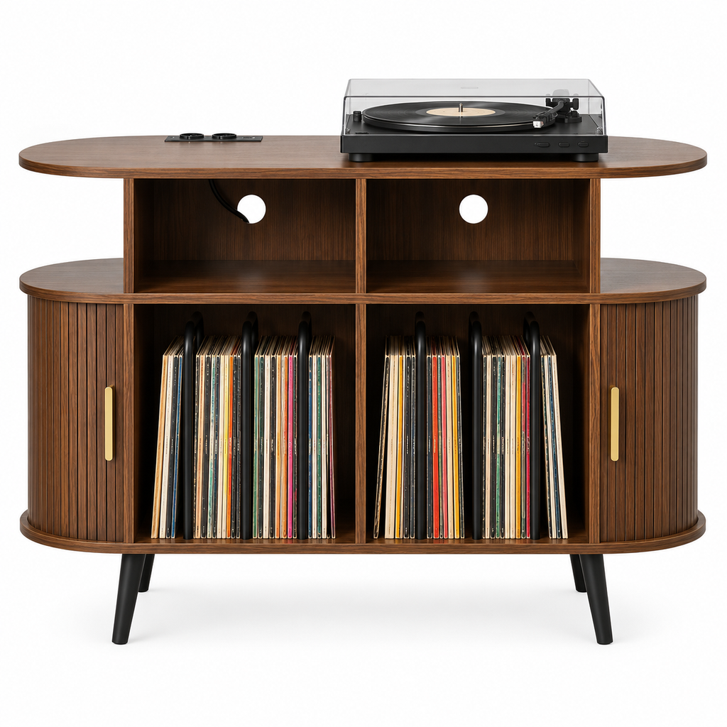 Meuble platine vinyle 110 cm, ovale, portes coulissantes | Ovrelin