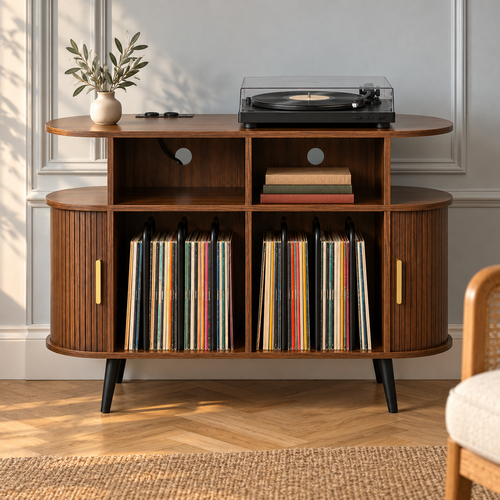 Meuble platine vinyle 110 cm, ovale, portes coulissantes | Ovrelin