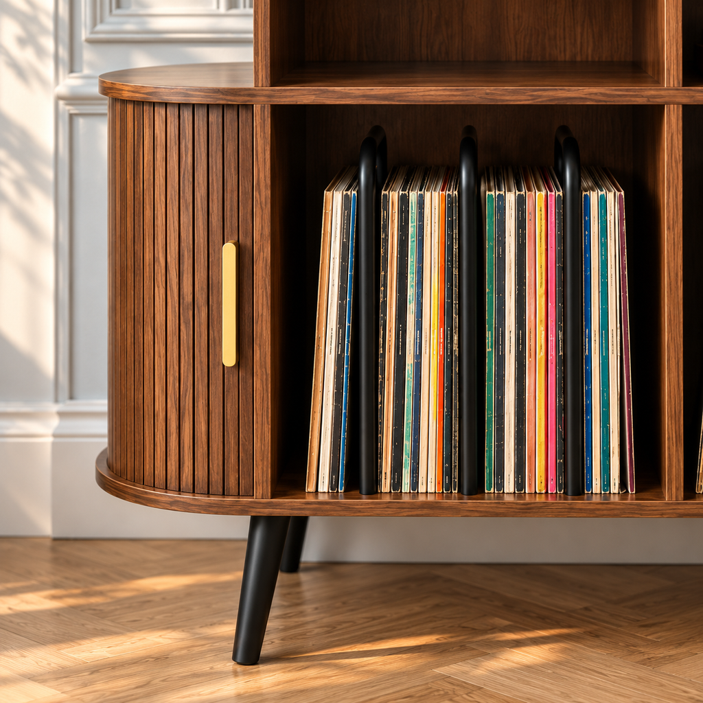 Meuble platine vinyle 110 cm, ovale, portes coulissantes | Ovrelin