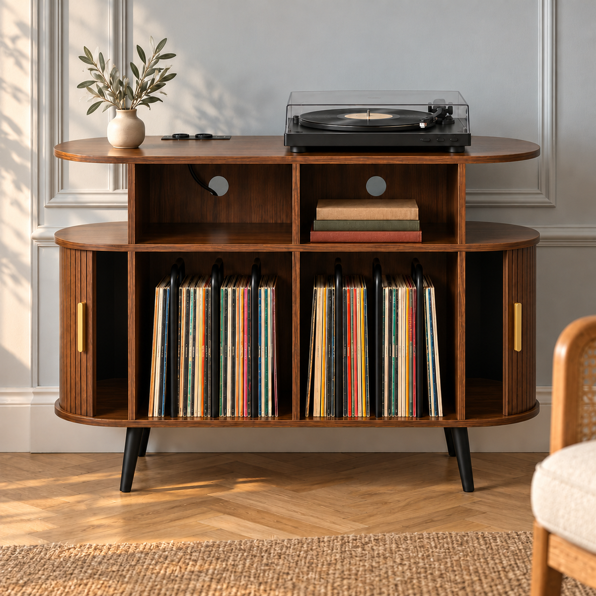 Meuble platine vinyle 110 cm, ovale, portes coulissantes | Ovrelin