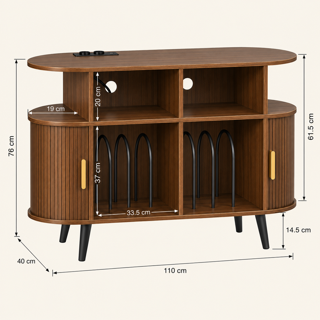Meuble platine vinyle 110 cm, ovale, portes coulissantes | Ovrelin