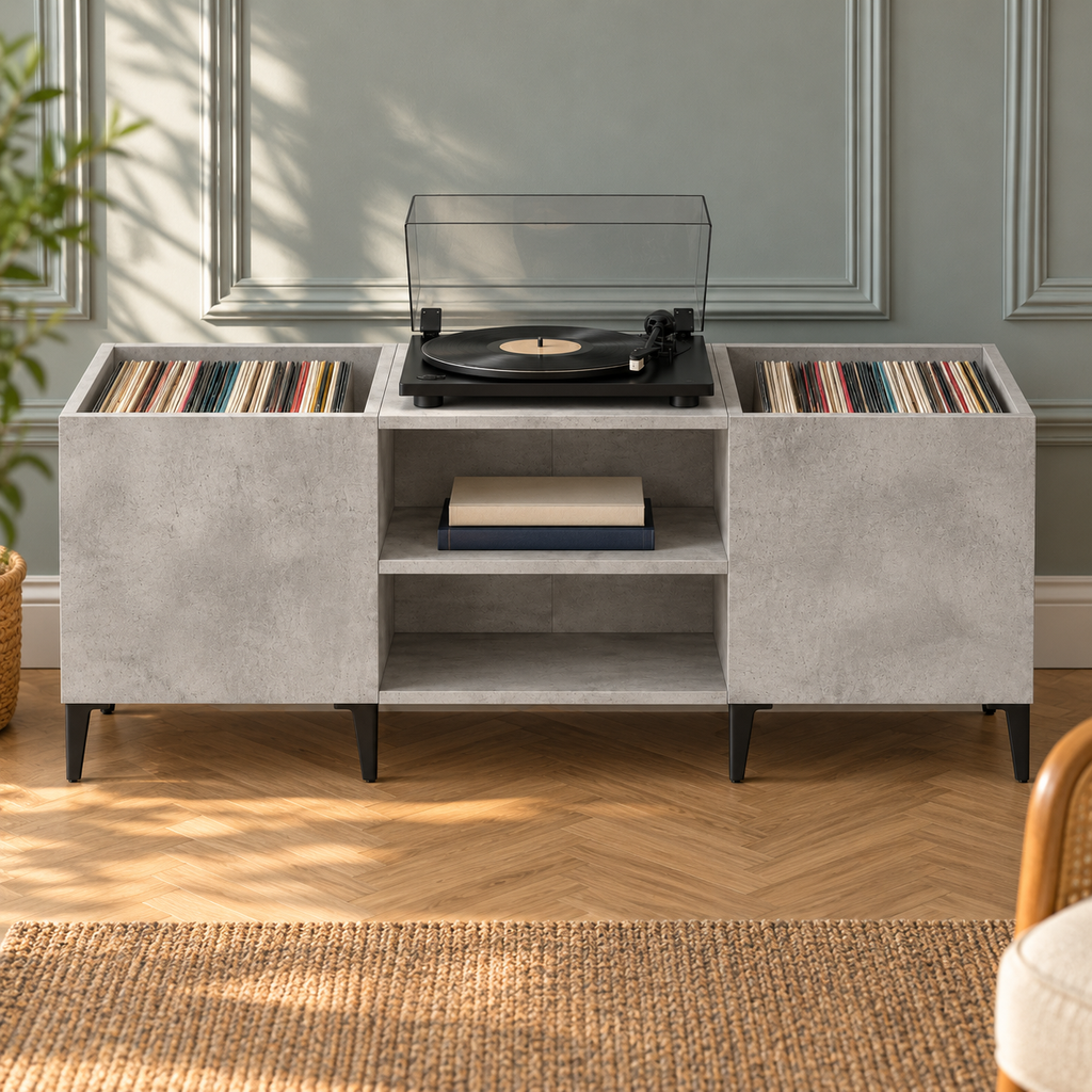 Meuble platine vinyle 121 cm, 2 bacs à disques | Kervane
