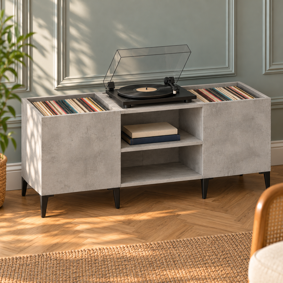 Meuble platine vinyle 121 cm, 2 bacs à disques | Kervane