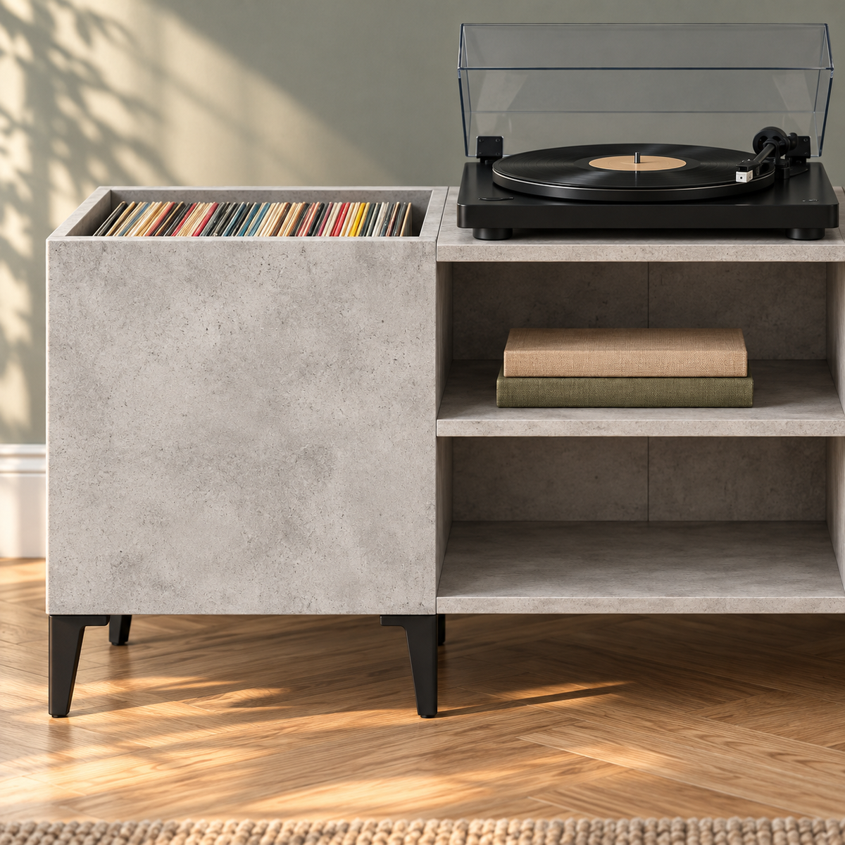 Meuble platine vinyle 121 cm, 2 bacs à disques | Kervane