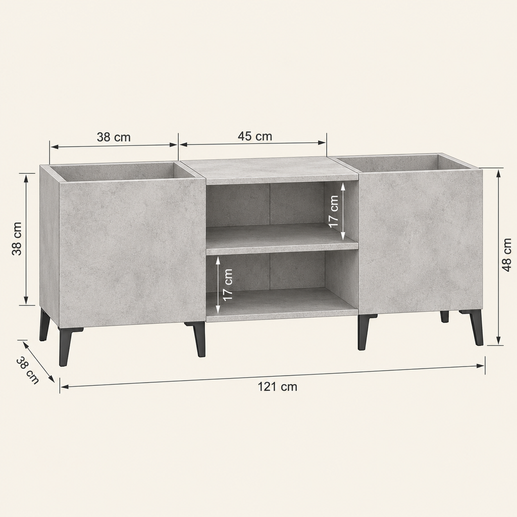 Meuble platine vinyle 121 cm, 2 bacs à disques | Kervane