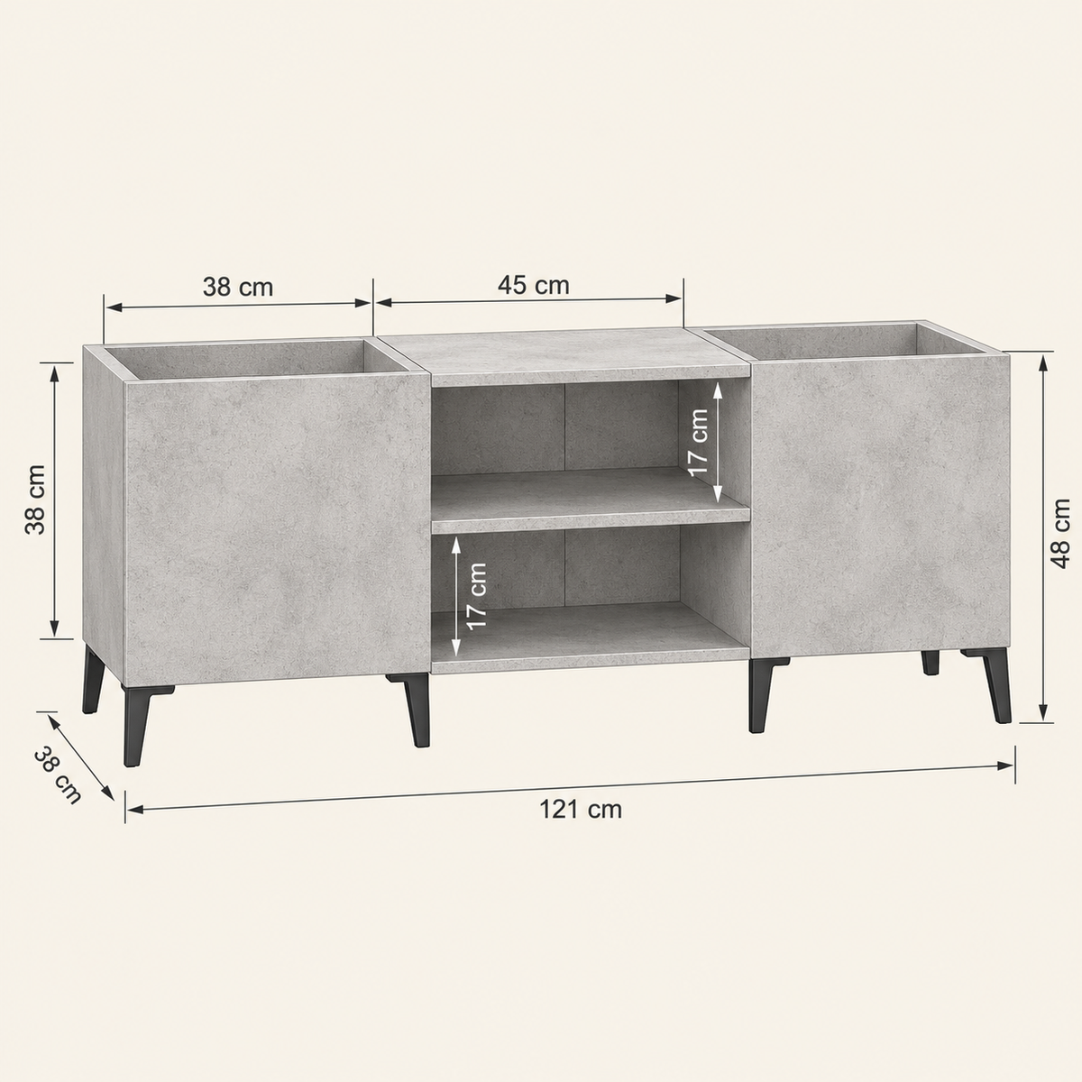 Meuble platine vinyle 121 cm, 2 bacs à disques | Kervane