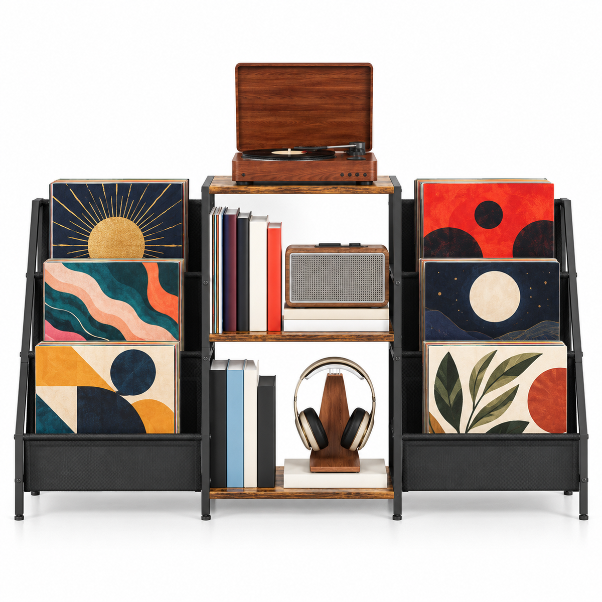 Meuble platine vinyle 123 cm, 3 étagères et 2 présentoirs en tissu | Kalvenor