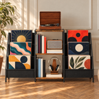 Meuble platine vinyle 123 cm, 3 étagères et 2 présentoirs en tissu | Kalvenor