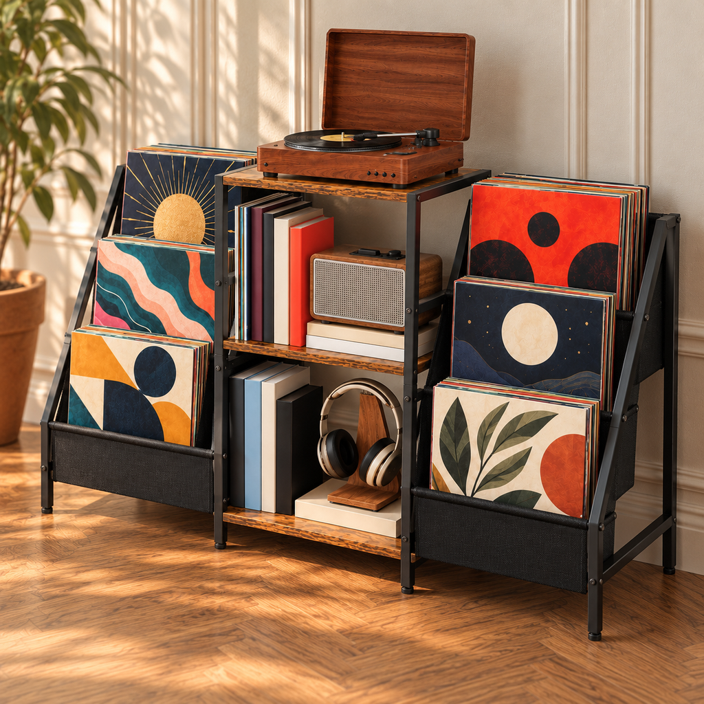 Meuble platine vinyle 123 cm, 3 étagères et 2 présentoirs en tissu | Kalvenor