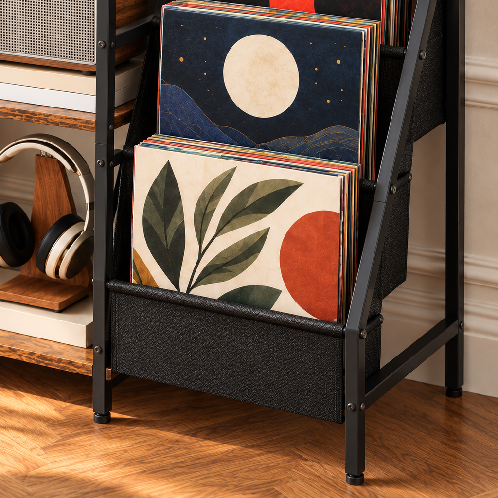 Meuble platine vinyle 123 cm, 3 étagères et 2 présentoirs en tissu | Kalvenor