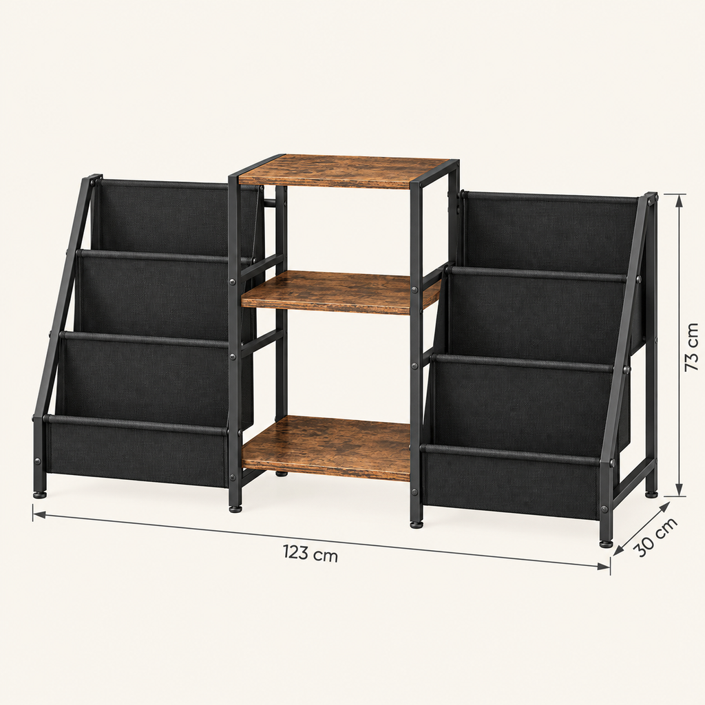 Meuble platine vinyle 123 cm, 3 étagères et 2 présentoirs en tissu | Kalvenor