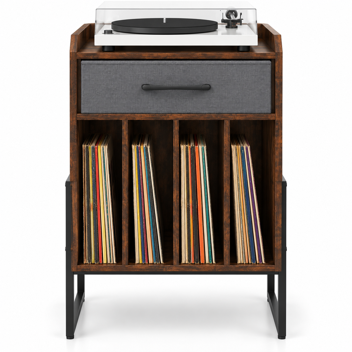 Meuble platine vinyle 45 cm, tiroir, 4 compartiments | Nelvor