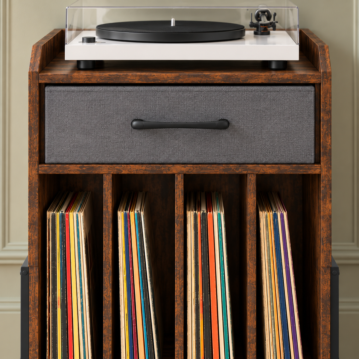 Meuble platine vinyle 45 cm, tiroir, 4 compartiments | Nelvor