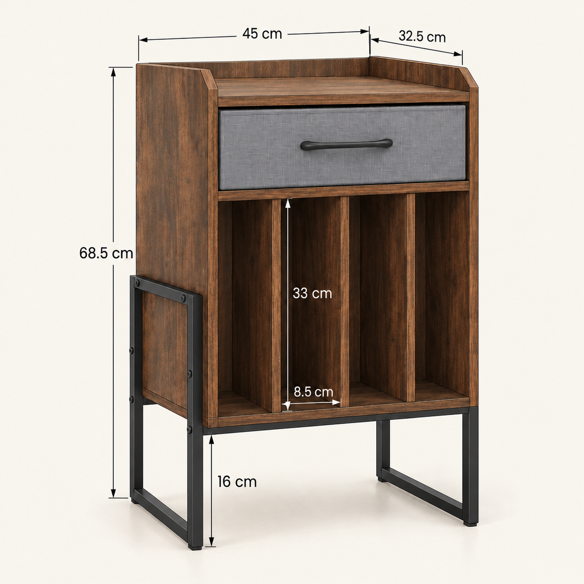 Meuble platine vinyle 45 cm, tiroir, 4 compartiments | Nelvor