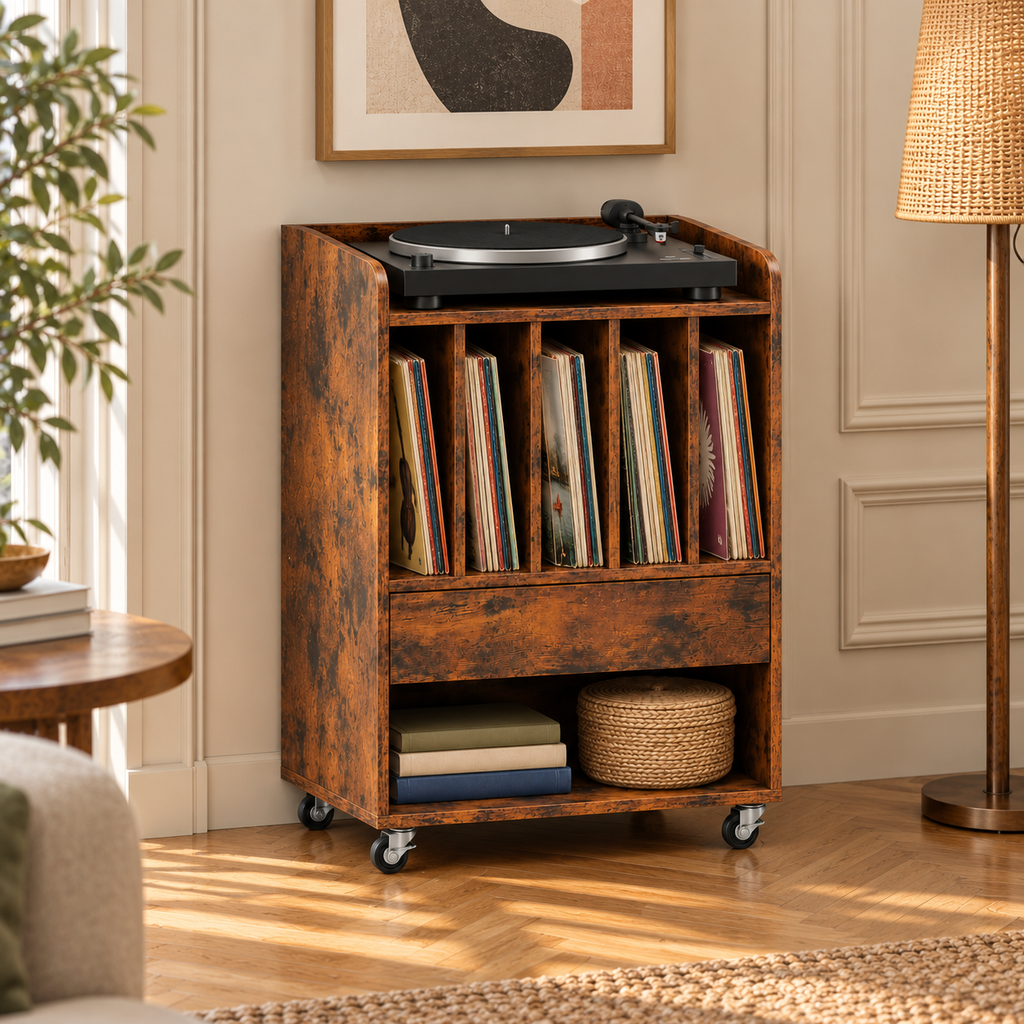 Meuble platine vinyle 52 cm, 5 compartiments | Corvane