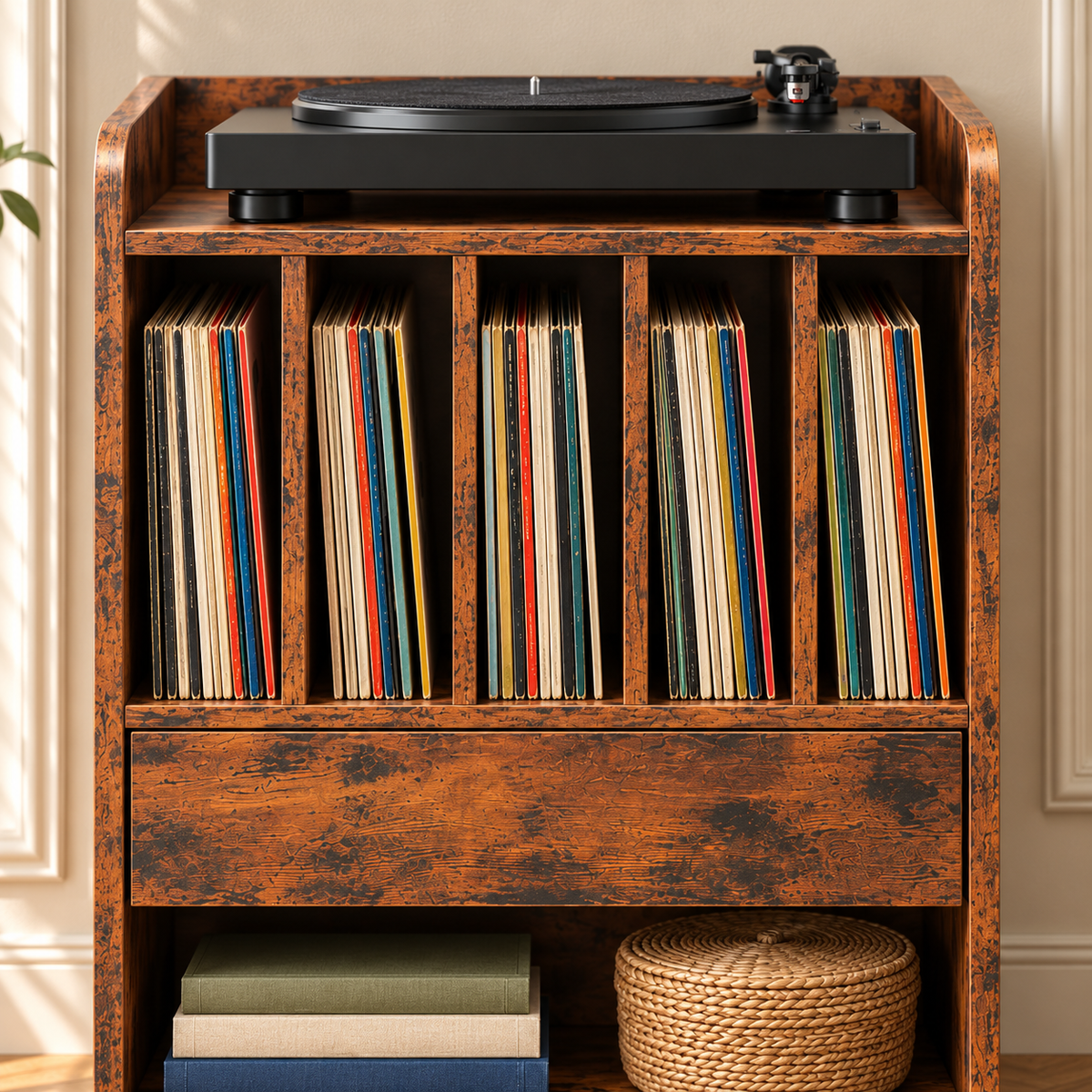 Meuble platine vinyle 52 cm, 5 compartiments | Corvane