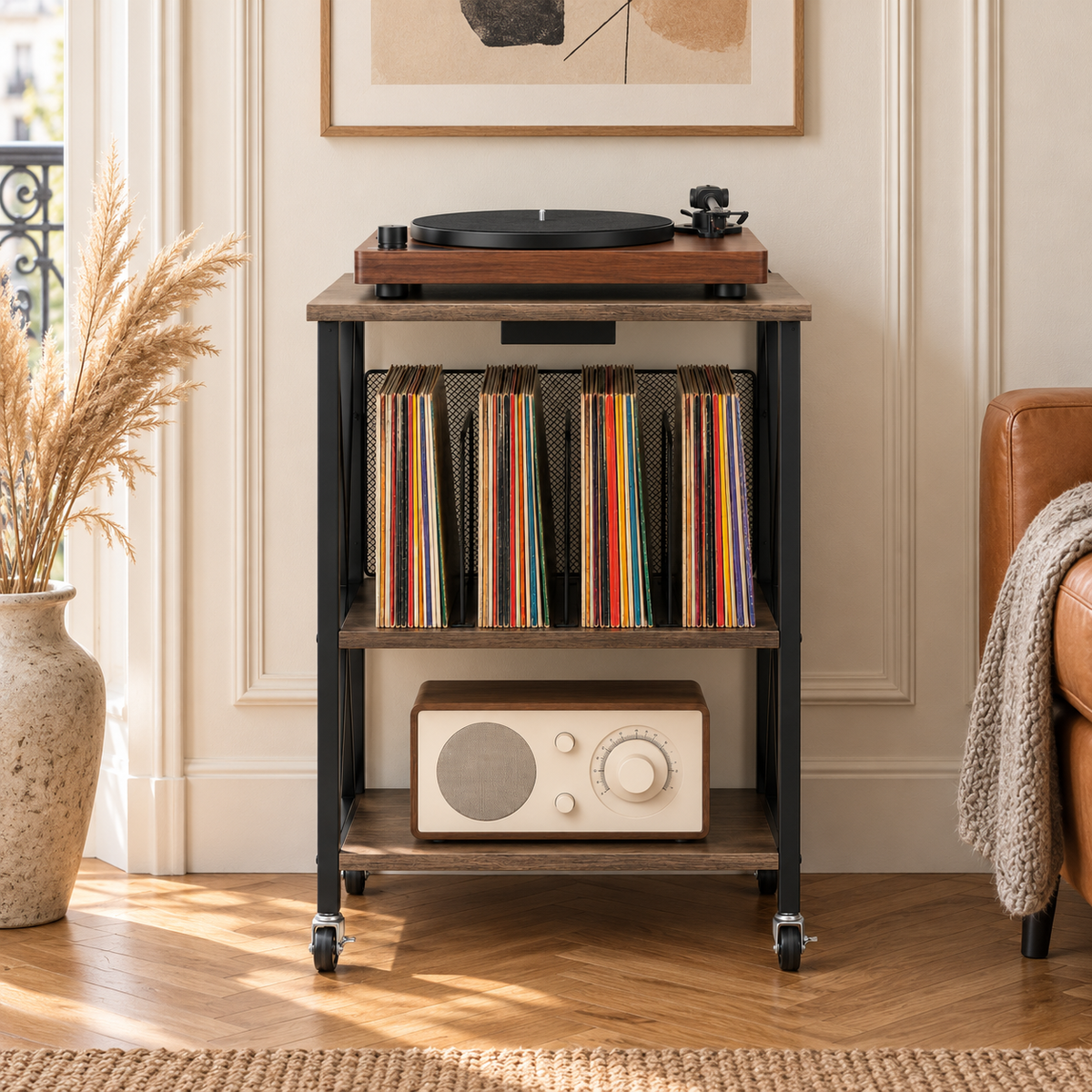 Meuble platine vinyle 52 cm, station de charge, roulettes | Mirvane