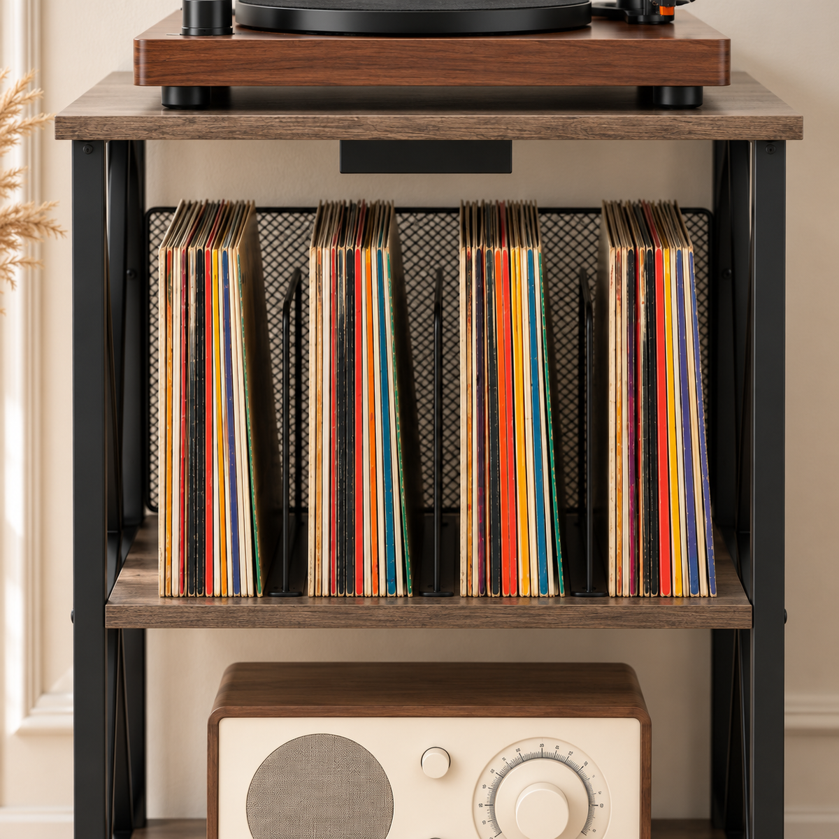 Meuble platine vinyle 52 cm, station de charge, roulettes | Mirvane