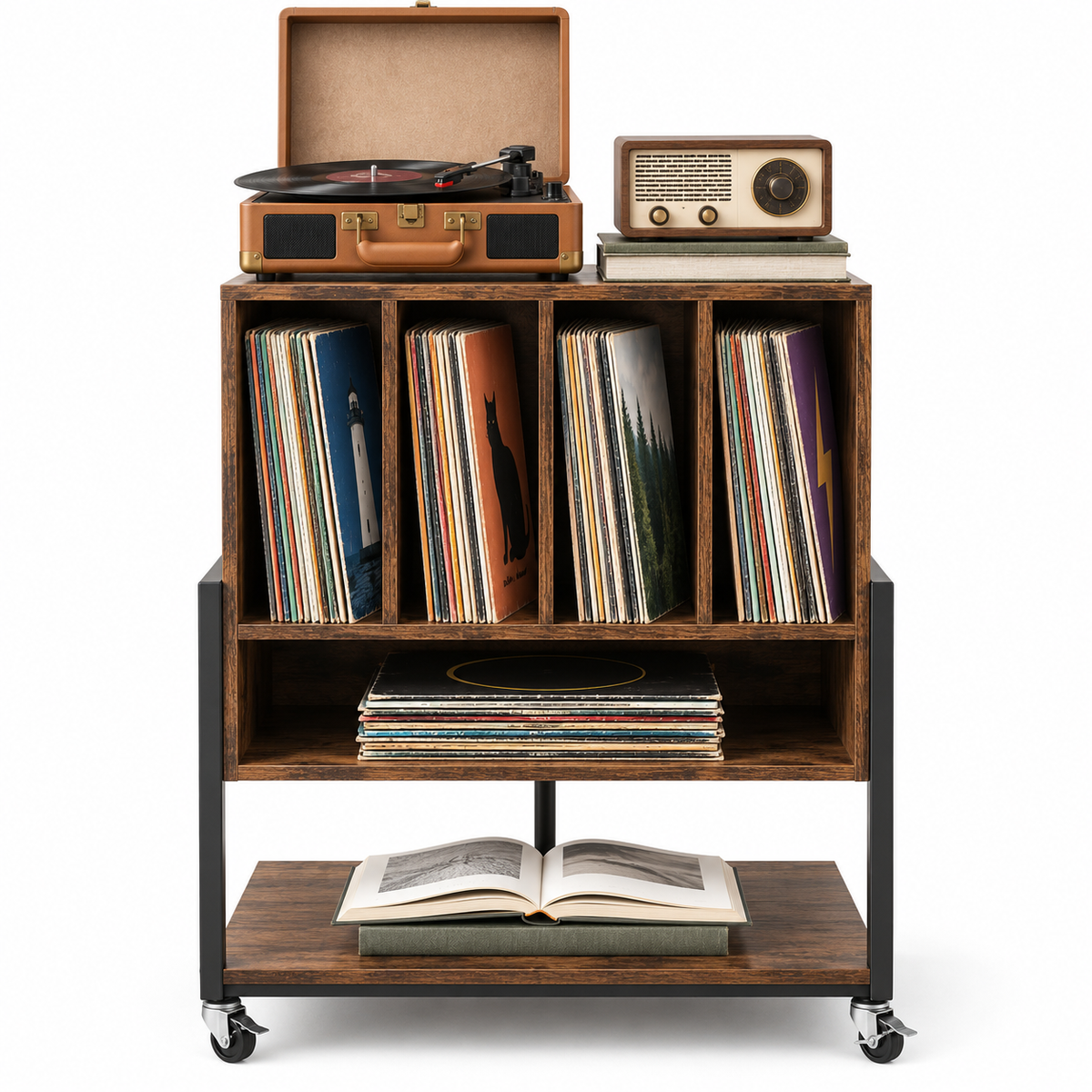 Meuble platine vinyle 54 cm, station de charge, roulettes | Roadie