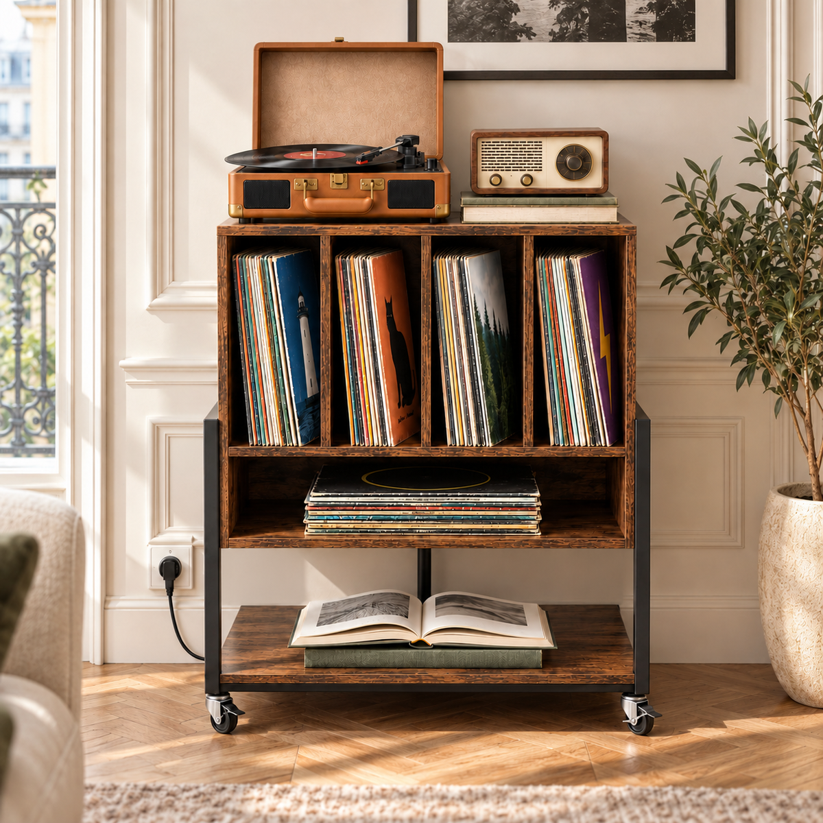 Meuble platine vinyle 54 cm, station de charge, roulettes | Roadie