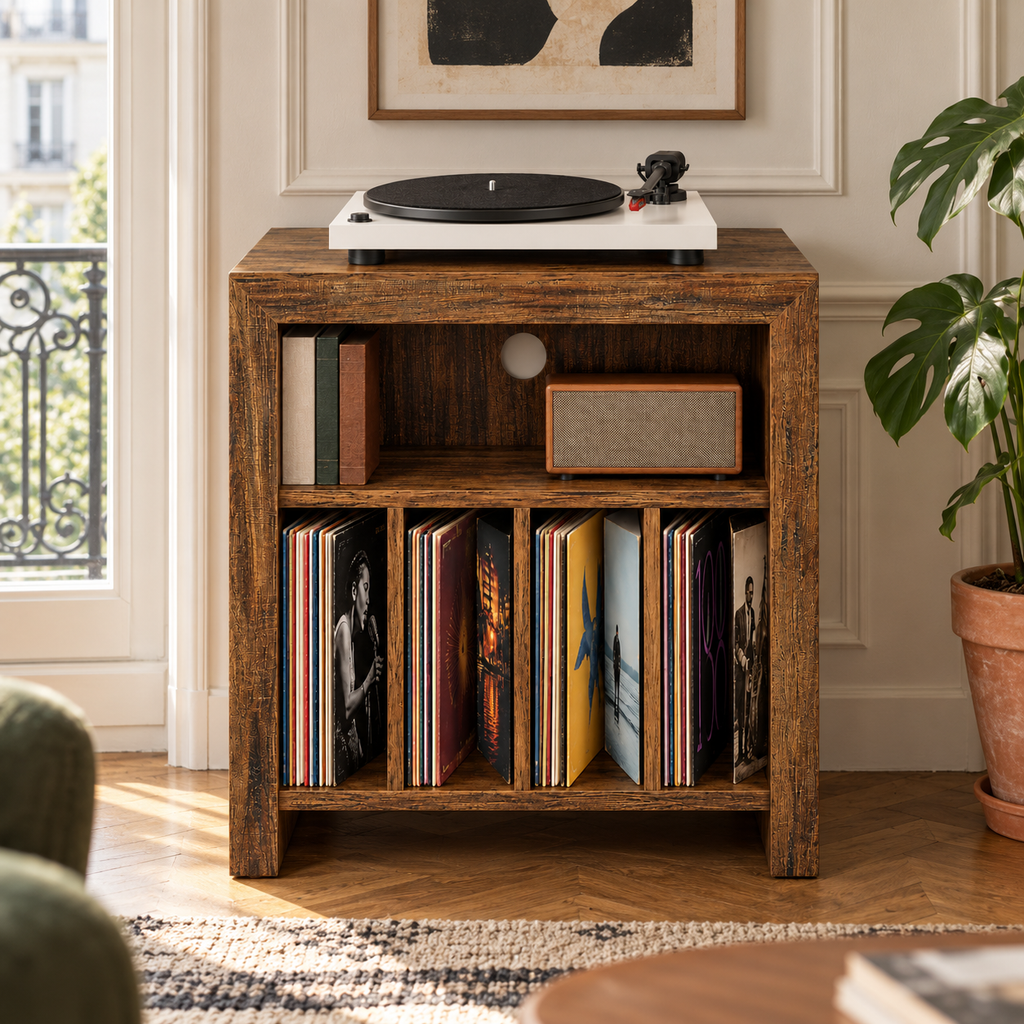 Meuble platine vinyle 60 cm, 4 casiers à vinyles | Quatuor