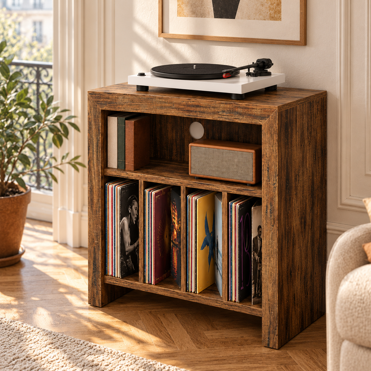 Meuble platine vinyle 60 cm, 4 casiers à vinyles | Quatuor