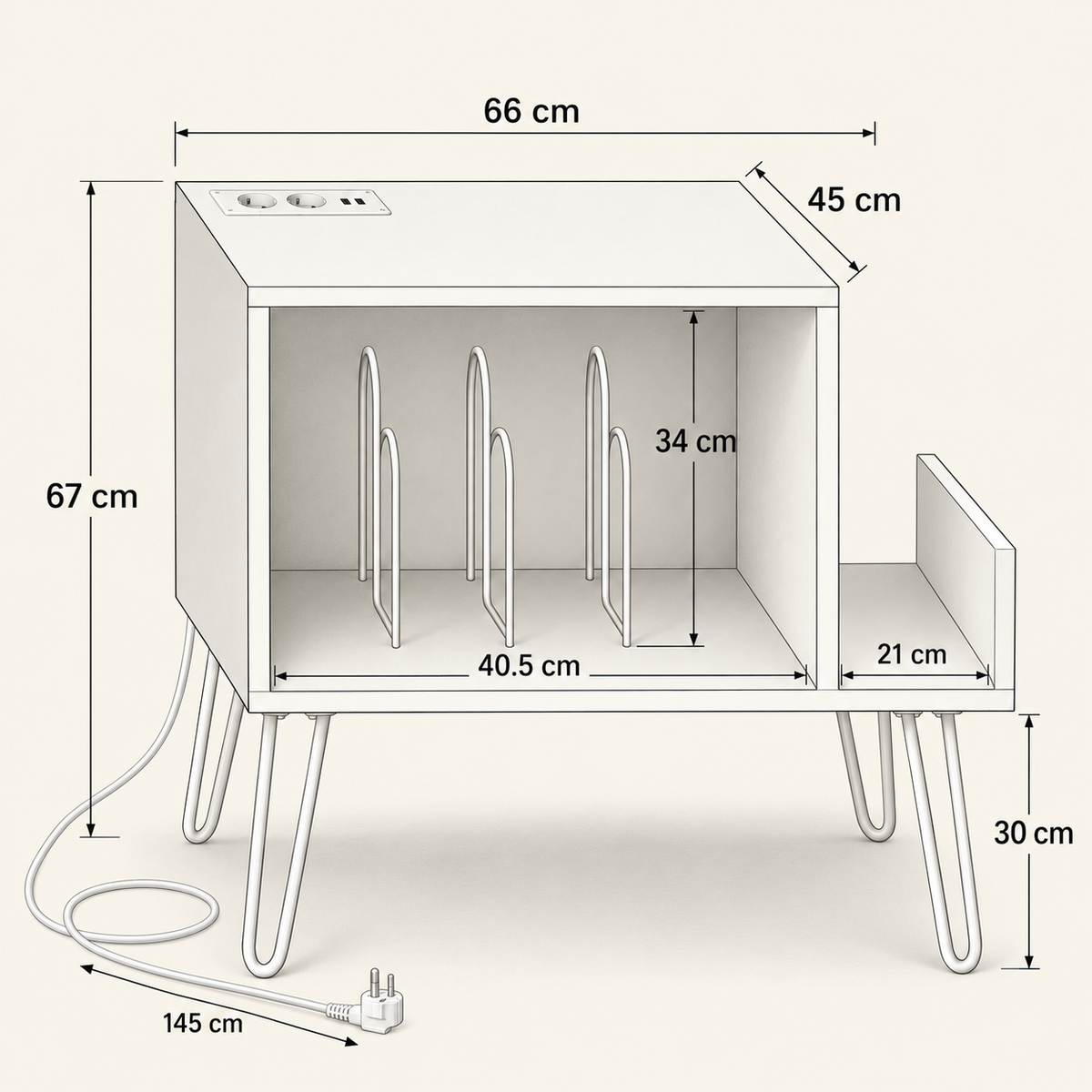 Meuble platine vinyle 66 cm, station de charge | Pelvane