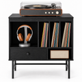 Meuble platine vinyle 70 cm, tiroir, 3 compartiments | Orvanel