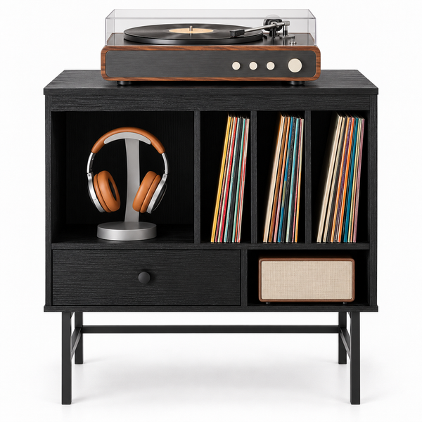 Meuble platine vinyle 70 cm, tiroir, 3 compartiments | Orvanel