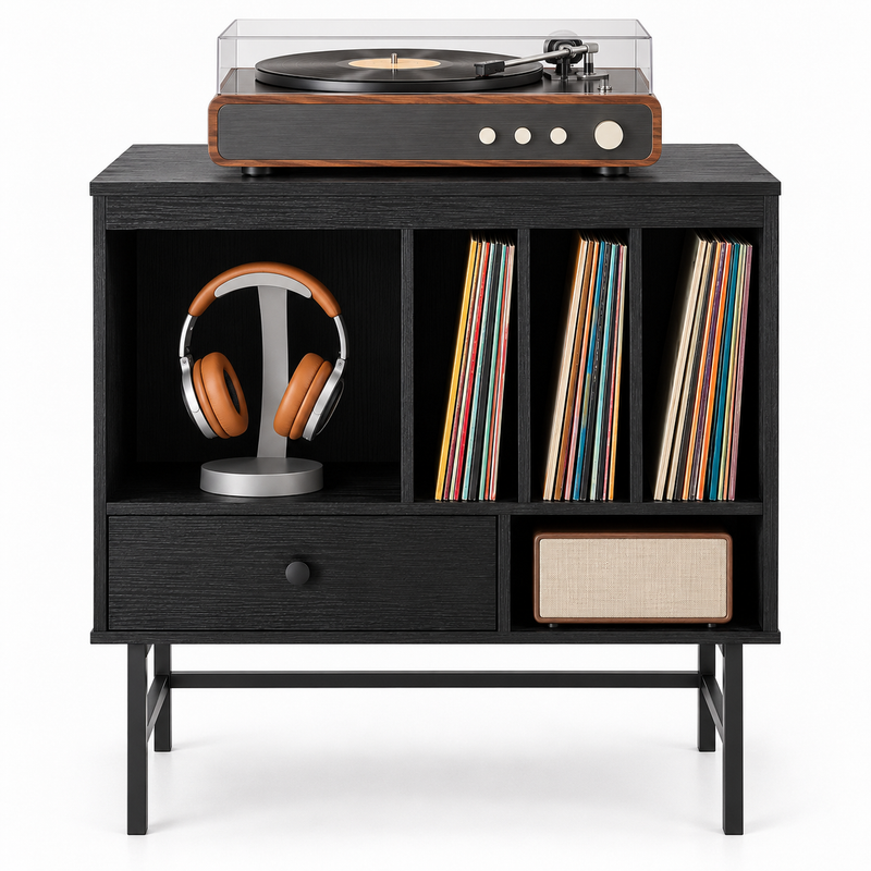 Meuble platine vinyle 70 cm, tiroir, 3 compartiments | Orvanel