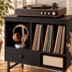 Meuble platine vinyle 70 cm, tiroir, 3 compartiments | Orvanel