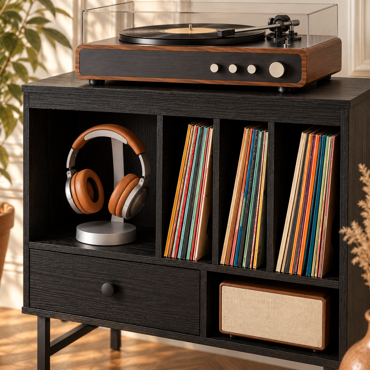 Meuble platine vinyle 70 cm, tiroir, 3 compartiments | Orvanel