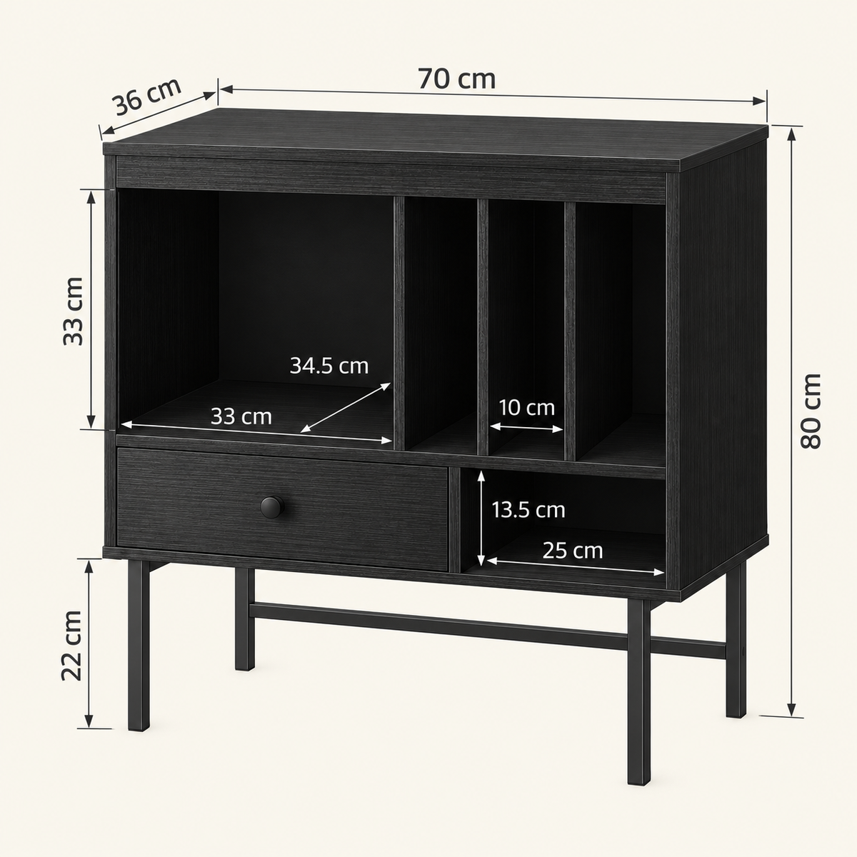 Meuble platine vinyle 70 cm, tiroir, 3 compartiments | Orvanel