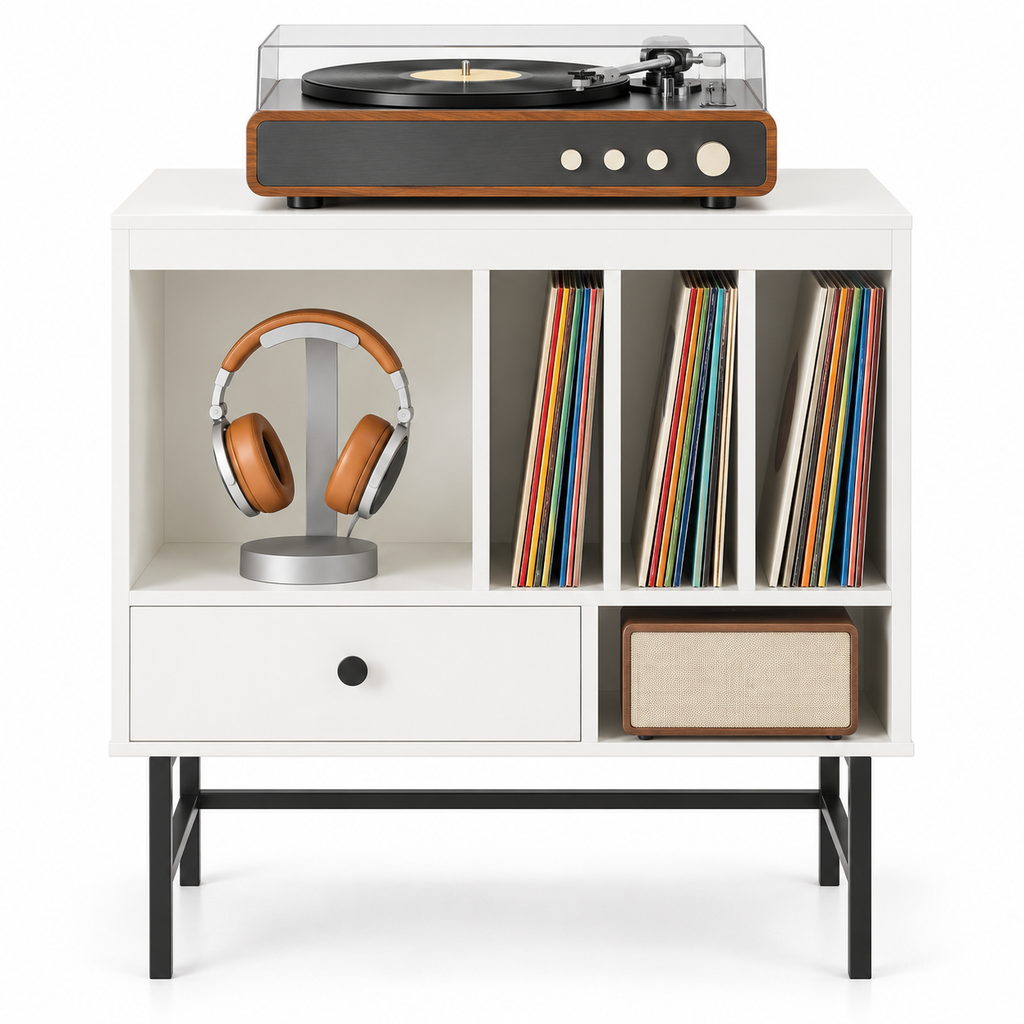 Meuble platine vinyle 70 cm, tiroir, 3 compartiments | Orvanel