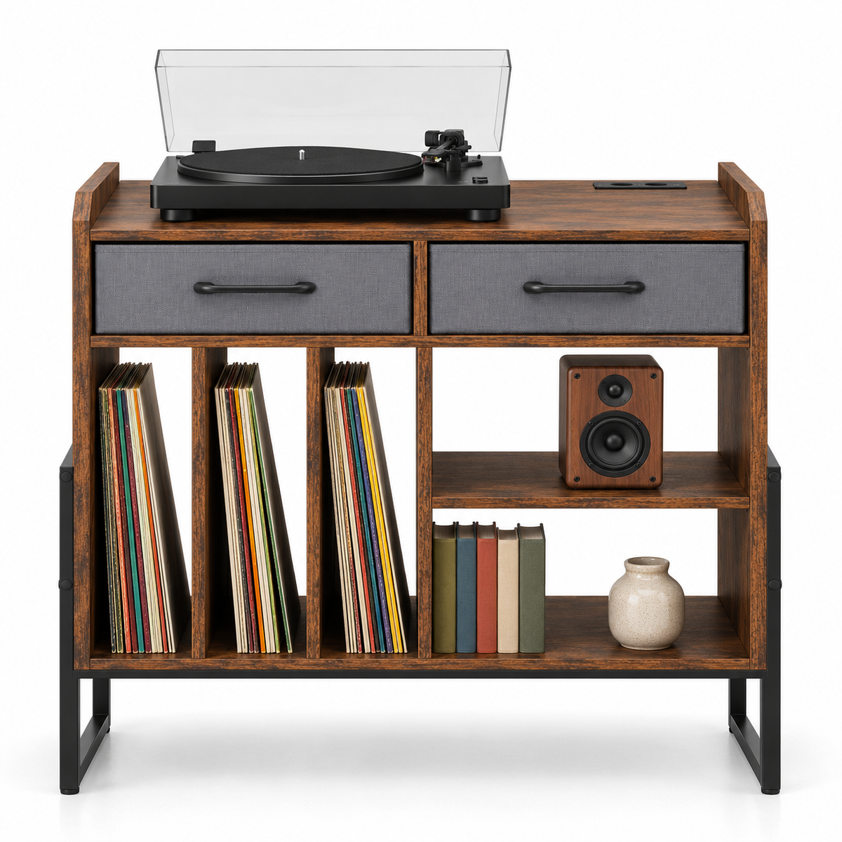 Meuble platine vinyle 76 cm, 2 tiroirs, station de charge | Soravik