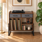 Meuble platine vinyle 76 cm, 2 tiroirs, station de charge | Soravik