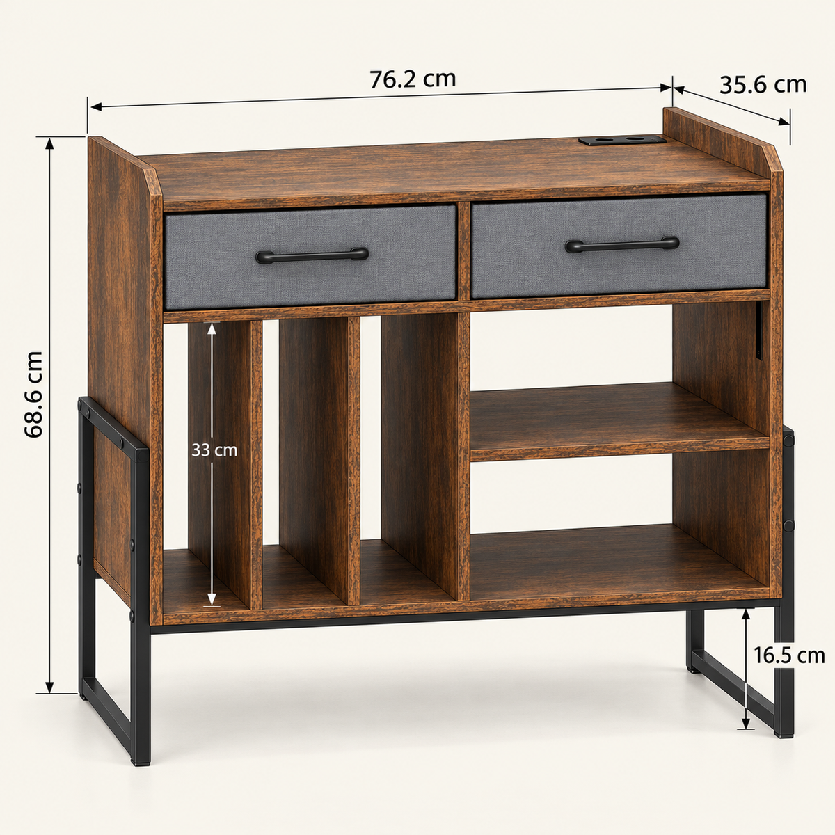 Meuble platine vinyle 76 cm, 2 tiroirs, station de charge | Soravik