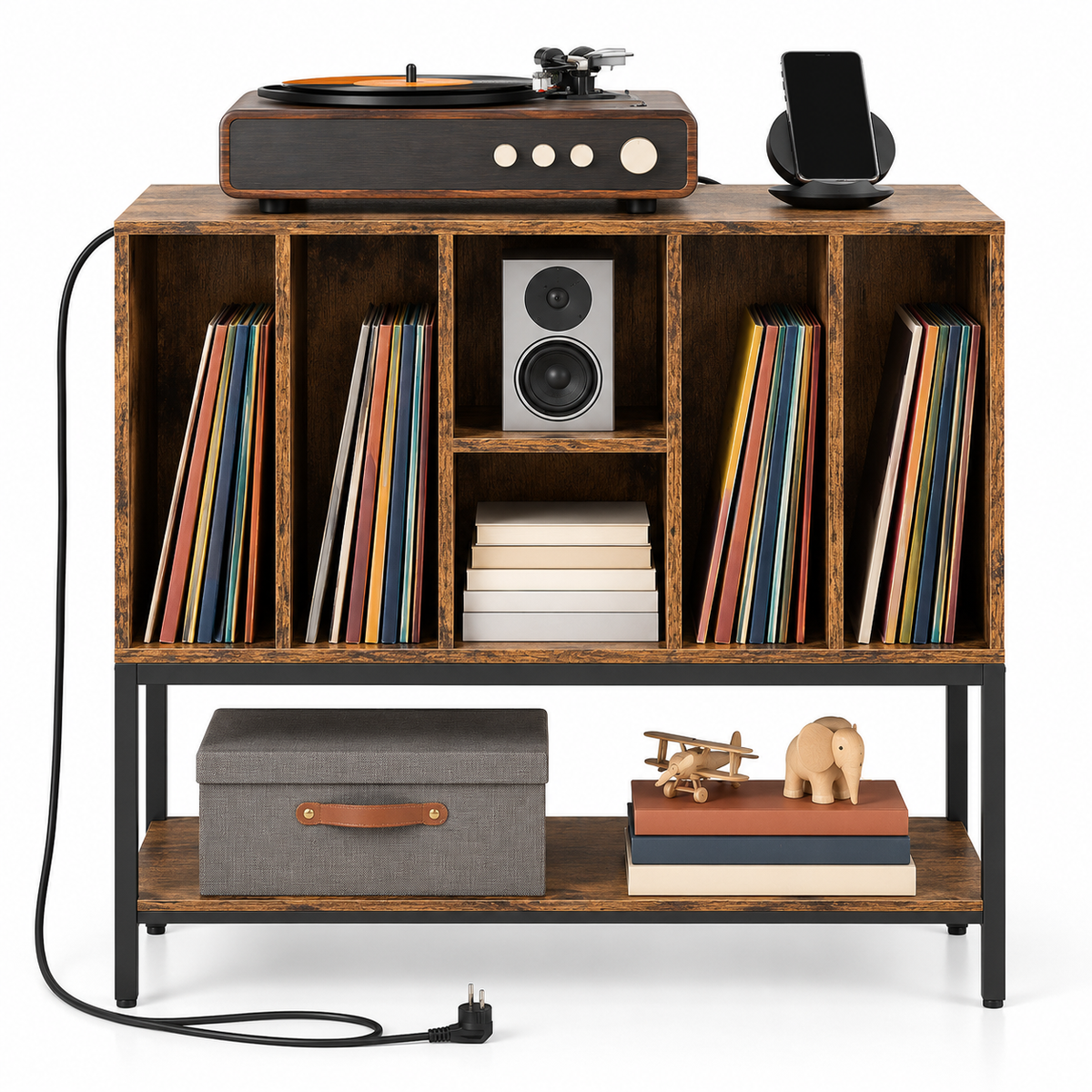 Meuble platine vinyle 80 cm, station de charge, 4 casiers | Vosmarel