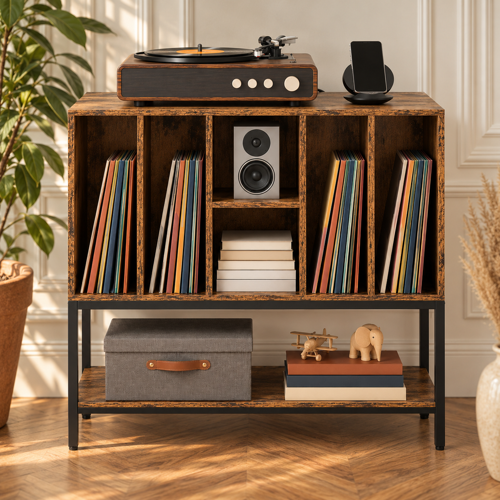 Meuble platine vinyle 80 cm, station de charge, 4 casiers | Vosmarel