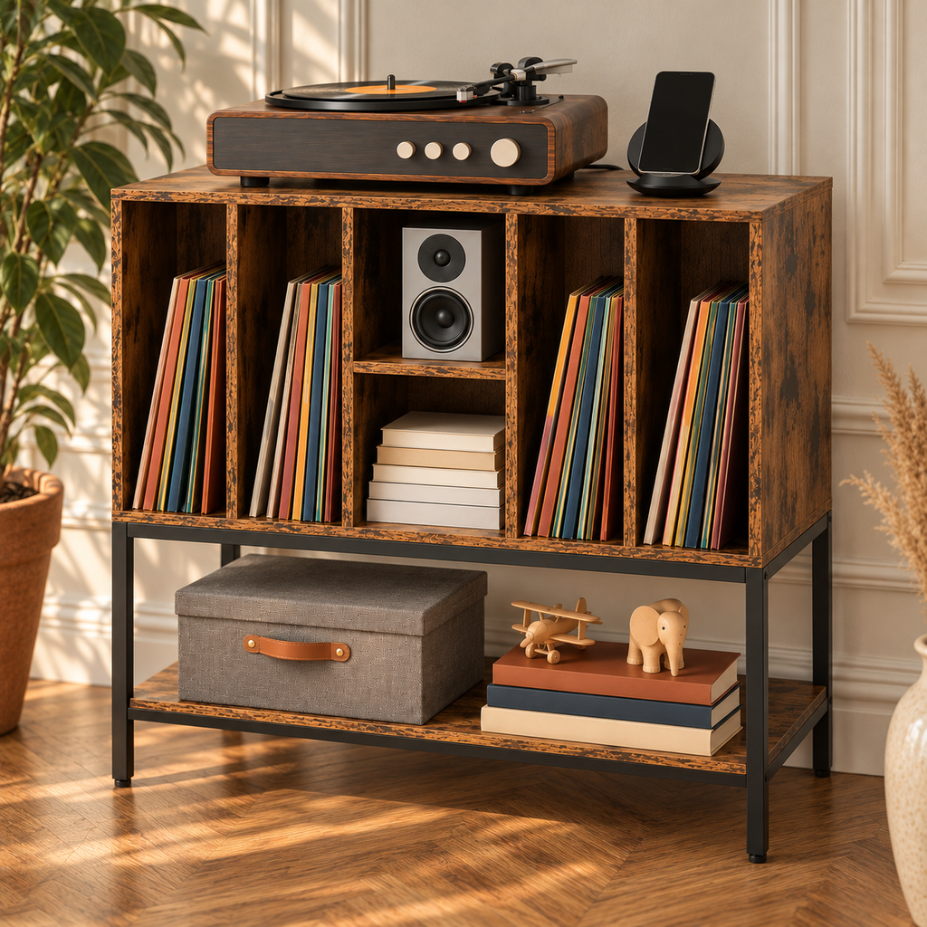 Meuble platine vinyle 80 cm, station de charge, 4 casiers | Vosmarel
