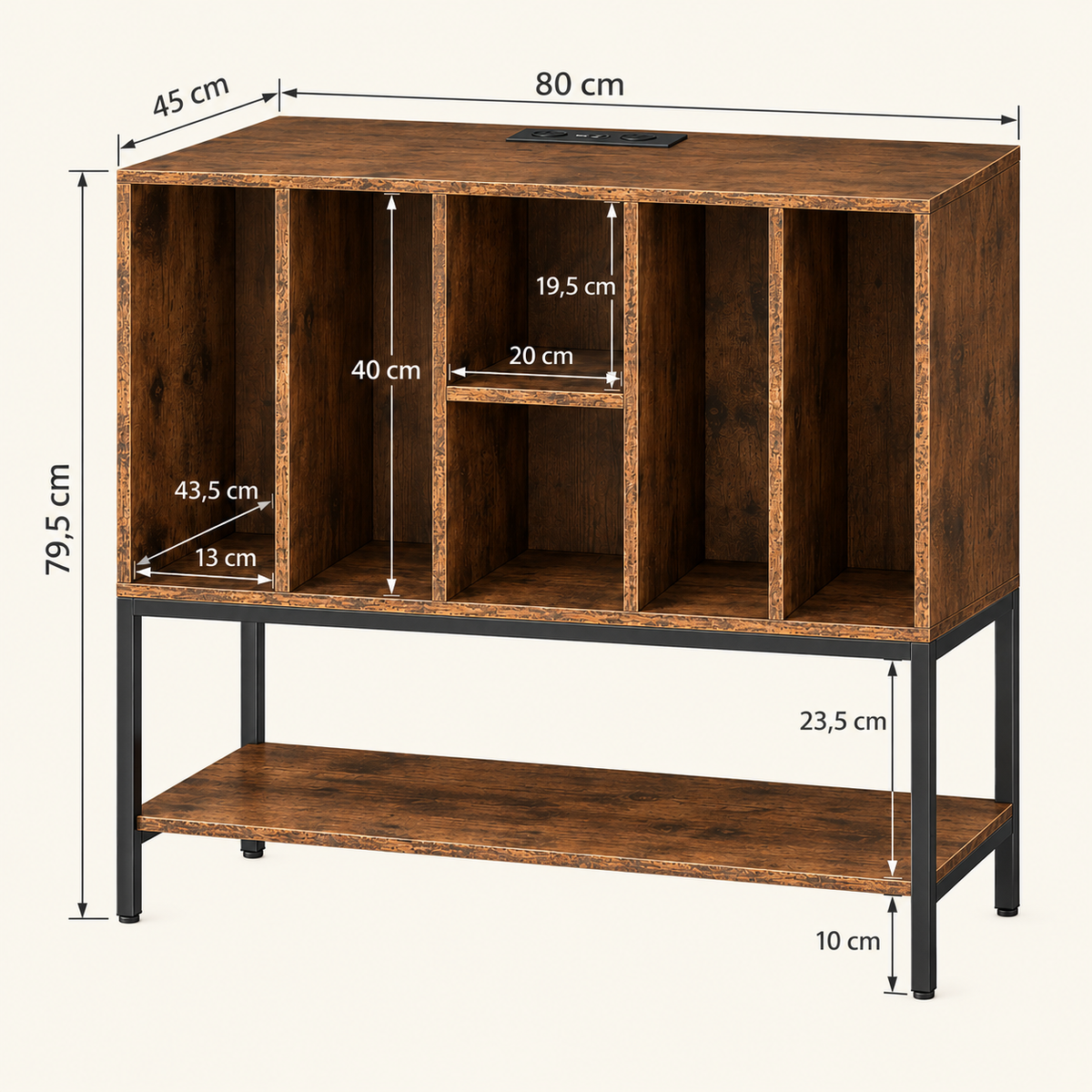 Meuble platine vinyle 80 cm, station de charge, 4 casiers | Vosmarel