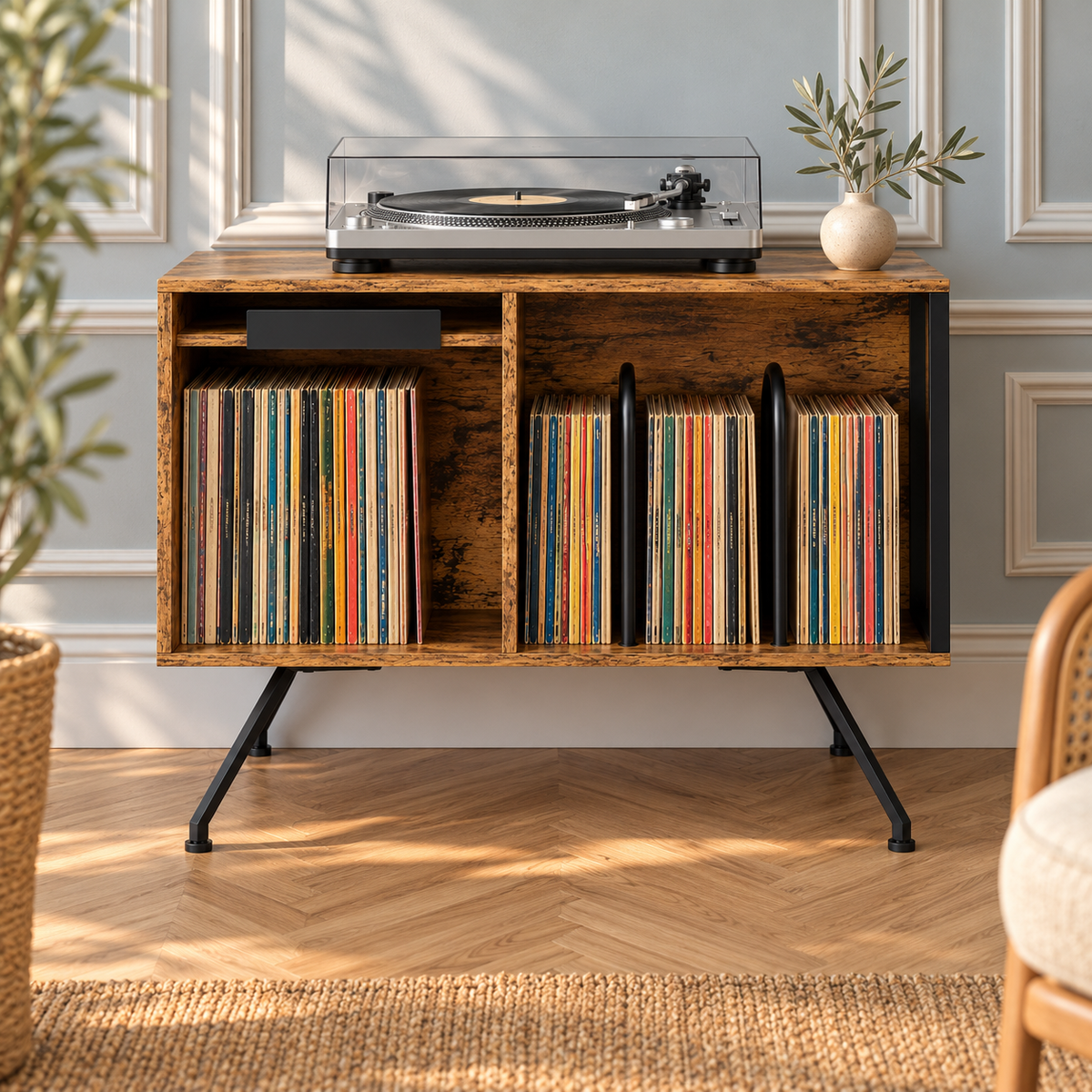 Meuble platine vinyle 80 cm, volet rabattable | Dornavel