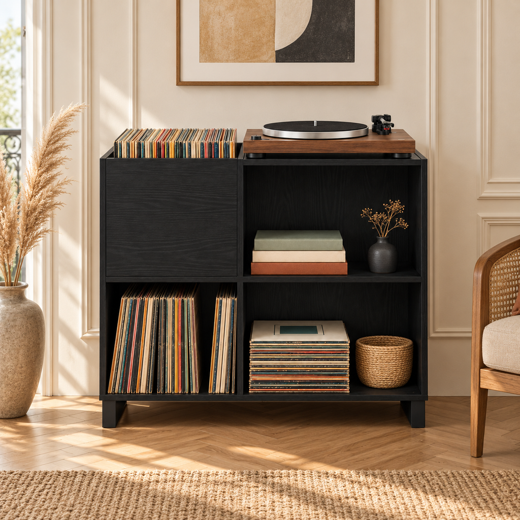 Meuble platine vinyle 84,5 cm, 4 compartiments | Nevrol