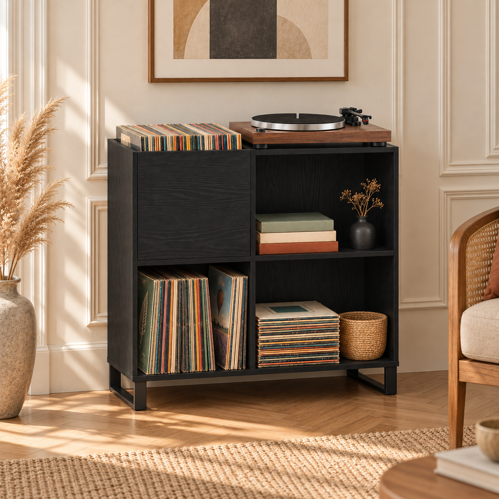 Meuble platine vinyle 84,5 cm, 4 compartiments | Nevrol