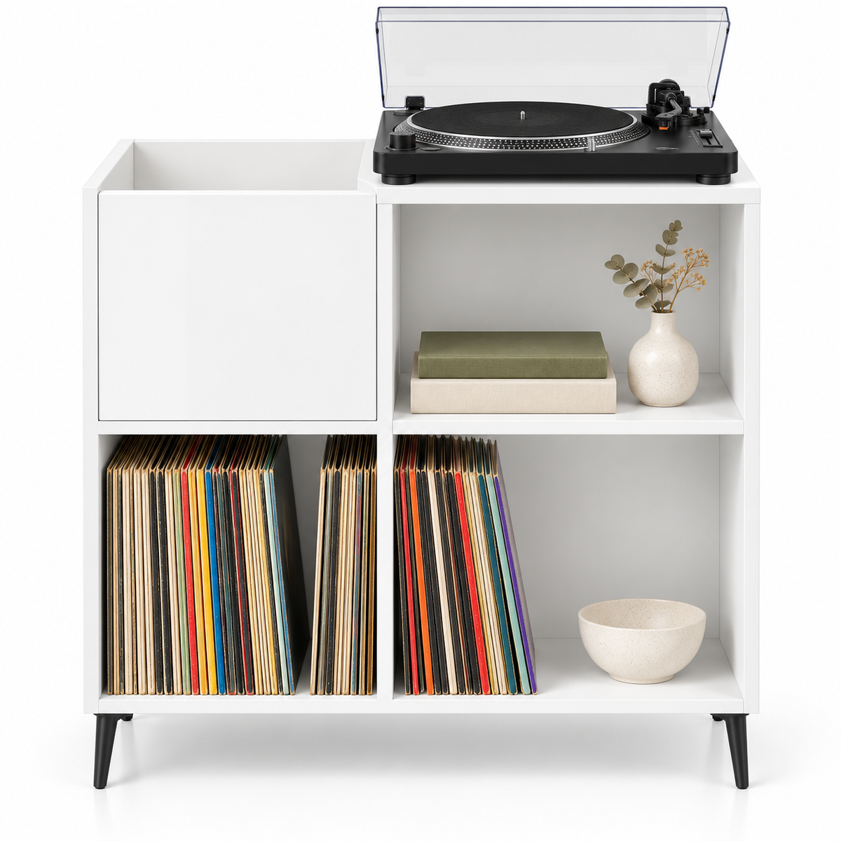 Meuble platine vinyle 84,5 cm, blanc, 4 compartiments | Aldover