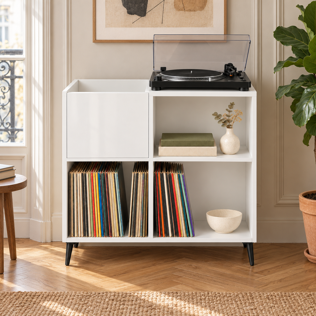 Meuble platine vinyle 84,5 cm, blanc, 4 compartiments | Aldover