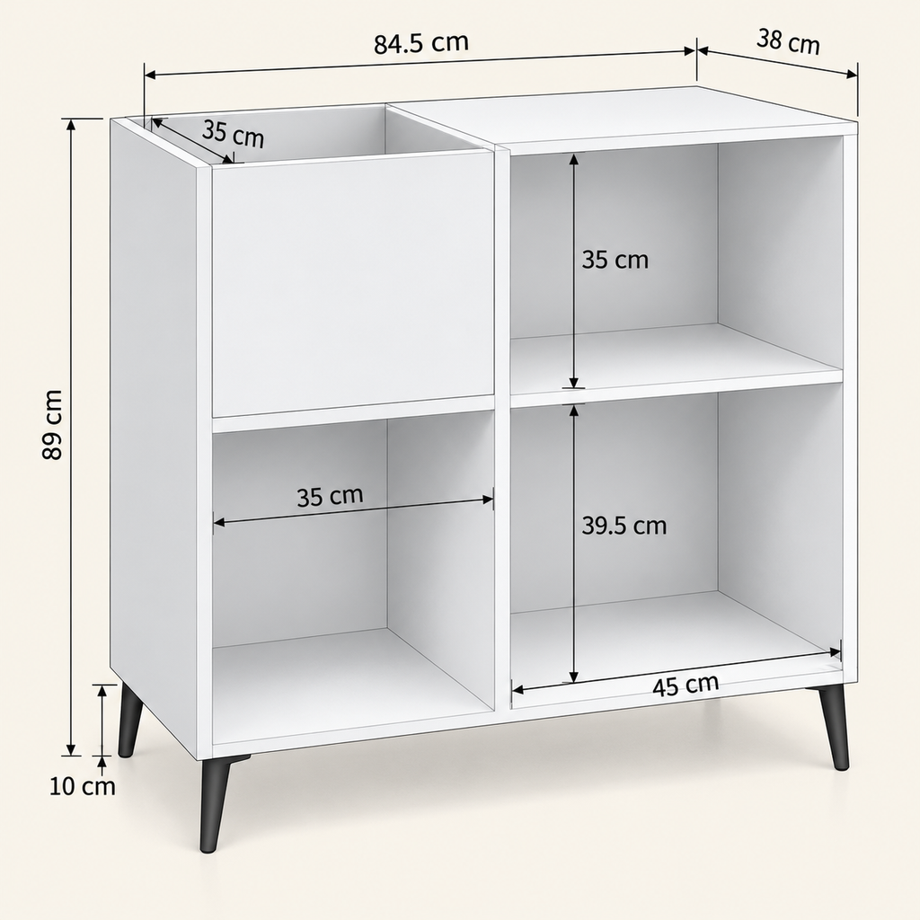 Meuble platine vinyle 84,5 cm, blanc, 4 compartiments | Aldover